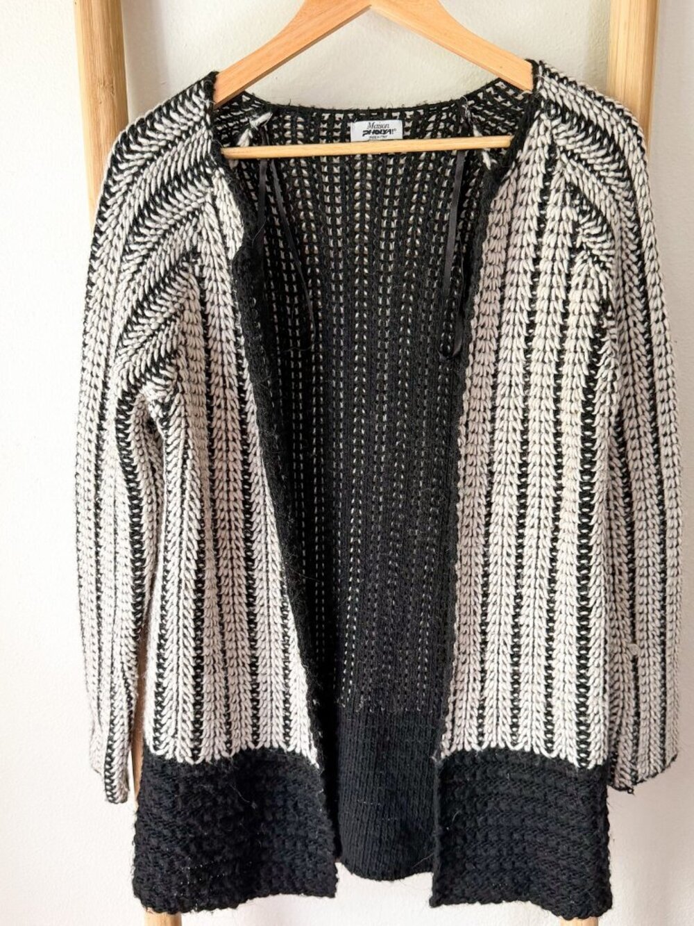 Maison Pholya Italy Cardigan Open Knit Black Cream Alpaca Blend Size Small